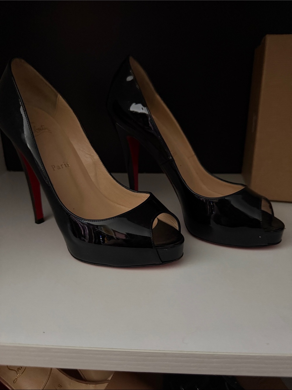 Christian Louboutin Black Patent Leather Peep-Toe Heels with Red Soles